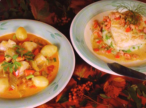 left: scallop and vegetable medley, right: halibut nicolson picture of finshed dishes - left: scallop and vegetable medley, right: halibut nicolson